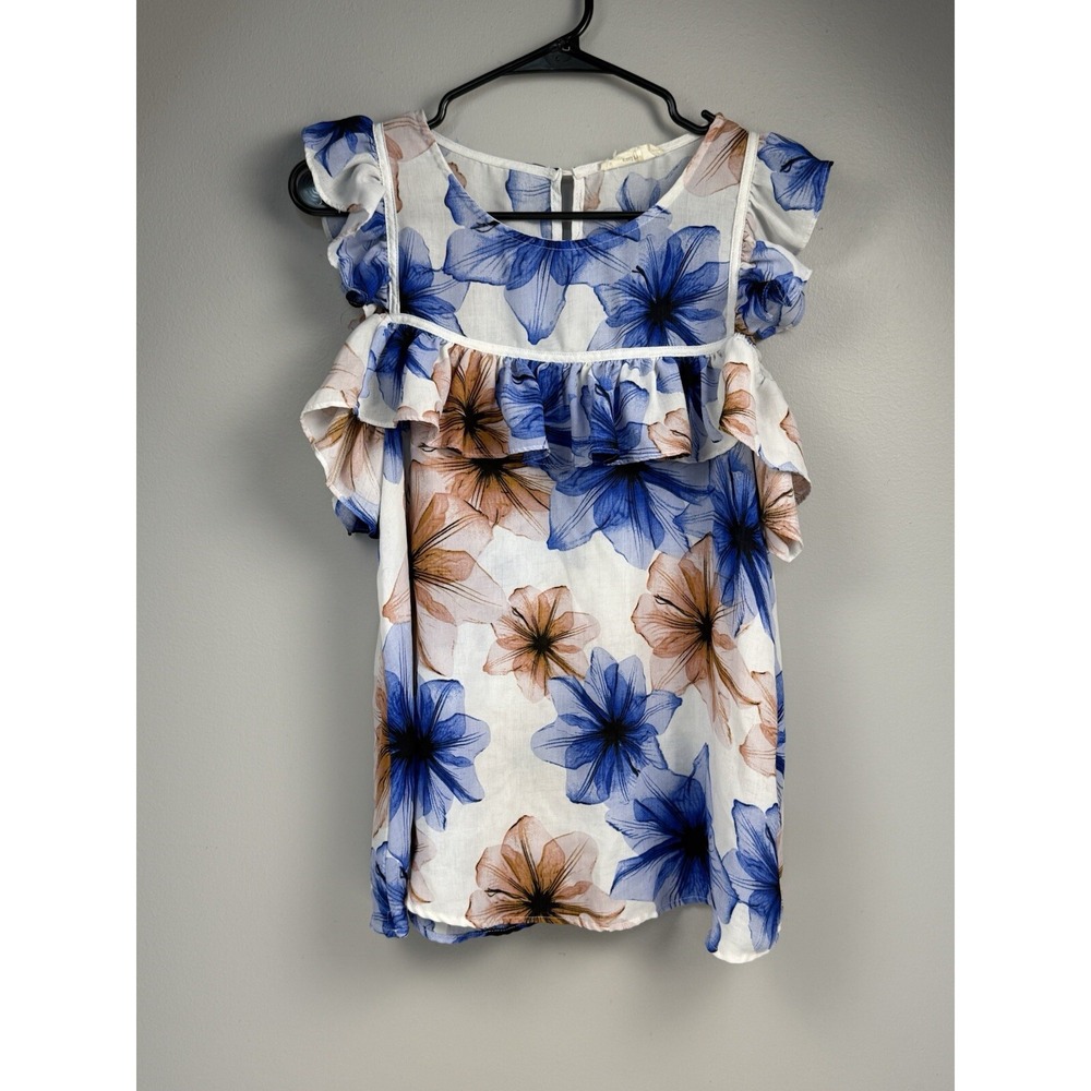 Floral Sleeveless Ruffle Blue Tan Top Medium